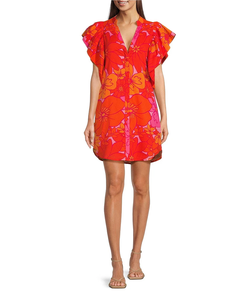J.Marie Lizzie Mandarin Collar Short Sleeve Ruffle Hem Shirt Dress