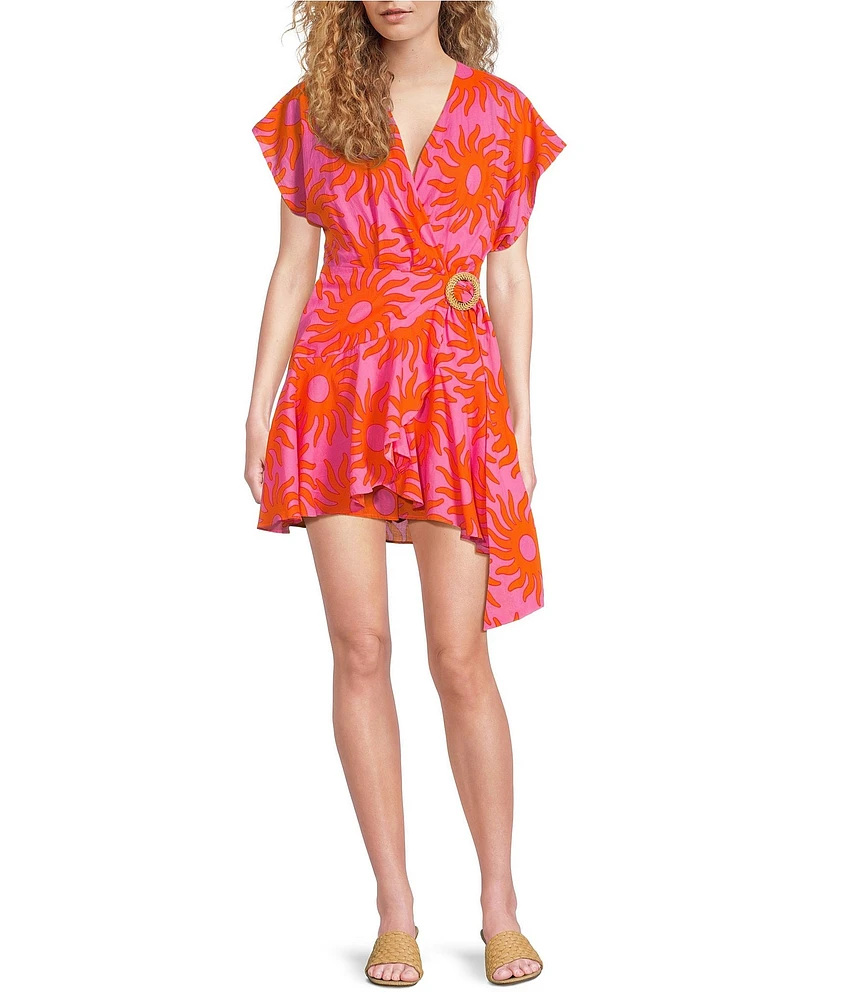 J.Marie Mara Sun Print V-Neck Short Flutter Sleeve Wrap Front Romper