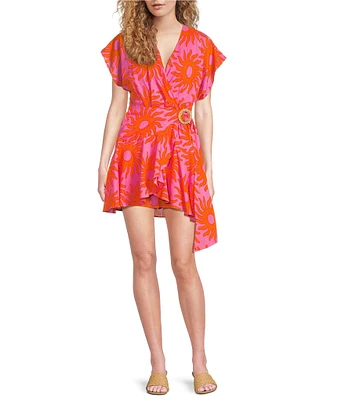 J.Marie Mara Sun Print V-Neck Short Flutter Sleeve Wrap Front Romper