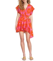 J.Marie Mara Sun Print V-Neck Short Flutter Sleeve Wrap Front Romper