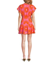 J.Marie Mara Sun Print V-Neck Short Flutter Sleeve Wrap Front Romper