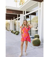 J.Marie Mara Sun Print V-Neck Short Flutter Sleeve Wrap Front Romper