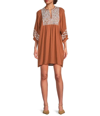 J.Marie Maria Embroidered Floral Split Round Neck 3/4 Puff Sleeve Shift Above the Knee Dress