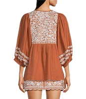 J.Marie Maria Floral Embroidered Split Round 3/4 Puff Sleeve Flounce Tunic