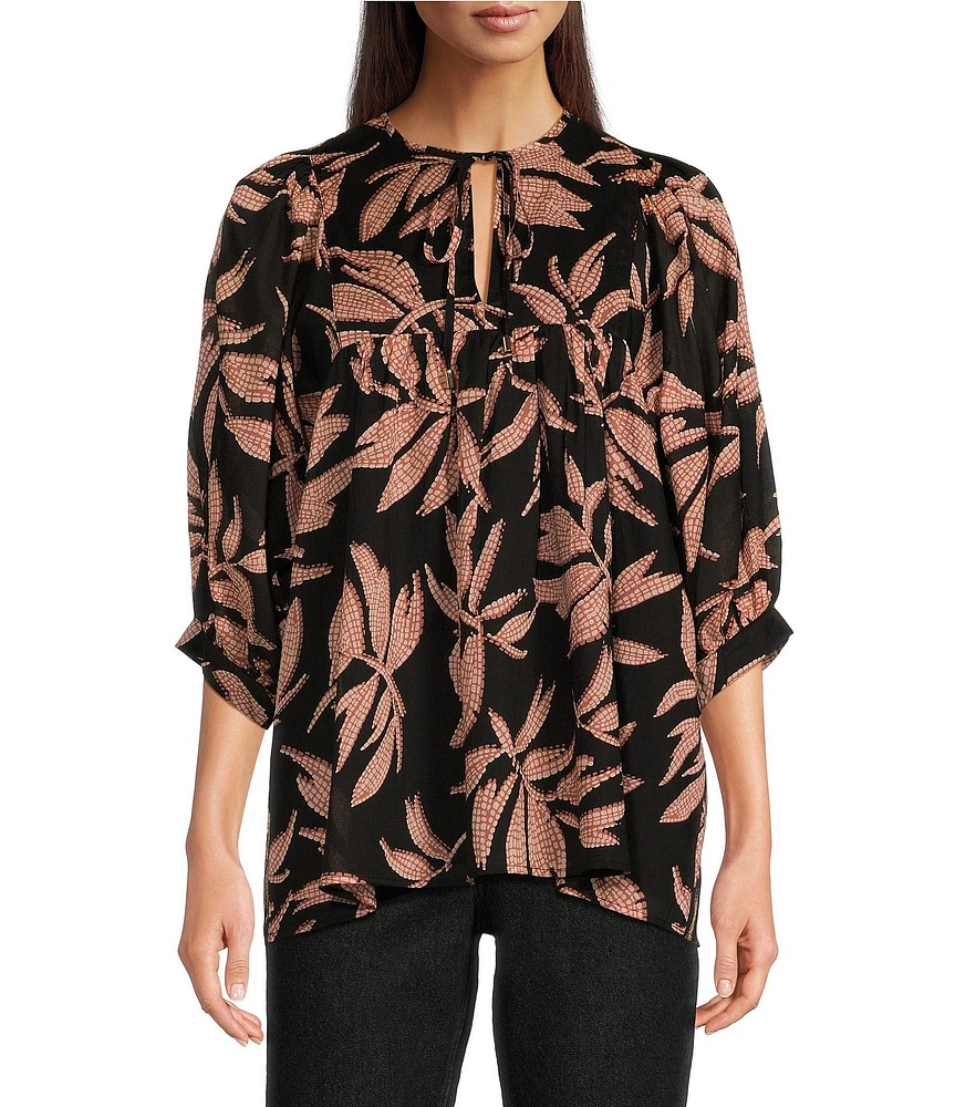 J.Marie Maria Woven Leaf Print Split Round Tie Neck 3/4#double; Puff Sleeve Flounce Tunic