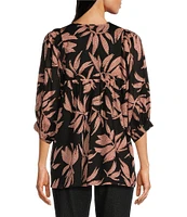 J.Marie Maria Woven Leaf Print Split Round Tie Neck 3/4#double; Puff Sleeve Flounce Tunic