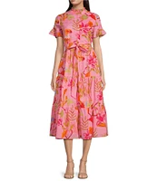 J.Marie Playa Button Up Ruffle Sleeve Belted Tiered Midi A-Line Dress