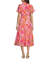 J.Marie Playa Button Up Ruffle Sleeve Belted Tiered Midi A-Line Dress
