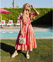 J.Marie Playa Button Up Ruffle Sleeve Belted Tiered Midi A-Line Dress