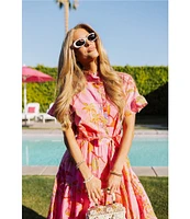 J.Marie Playa Button Up Ruffle Sleeve Belted Tiered Midi A-Line Dress