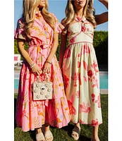 J.Marie Playa Button Up Ruffle Sleeve Belted Tiered Midi A-Line Dress
