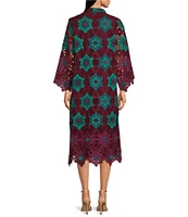 J.Marie Raven 3D Geometric Lace Mandarin Collar Button Front Long Sleeve Straight Line Midi Dress