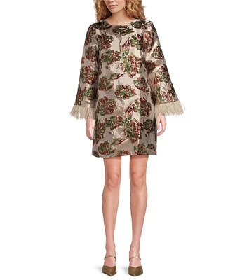 J.Marie Regina Floral Brocade Metallic Feather Sleeve Mini A-Line Dress