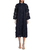 J.Marie Seraphina 3D Lace Floral Mandarin Collar Long Sleeve Button Front Midi Shift Dress