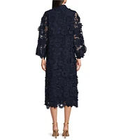 J.Marie Seraphina 3D Lace Floral Mandarin Collar Long Sleeve Button Front Midi Shift Dress