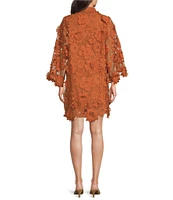 J.Marie Seraphina Floral 3D Lace Split Round Button Up Neck Long Sleeve Shift Dress