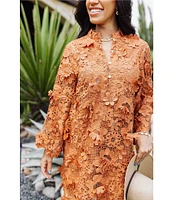 J.Marie Seraphina Floral 3D Lace Split Round Button Up Neck Long Sleeve Shift Dress