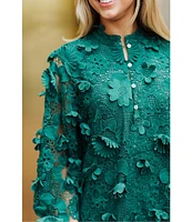 J.Marie Seraphina Floral 3D Lace Split Round Button Up Neck Long Sleeve Shift Dress