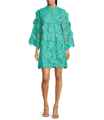 J.Marie Seraphina Floral 3D Lace Split Round Button Up Neck Long Sleeve Shift Dress