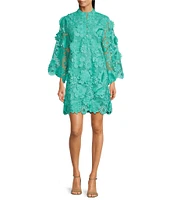 J.Marie Seraphina Floral 3D Lace Split Round Button Up Neck Long Sleeve Shift Dress