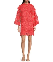 J.Marie Seraphina Floral 3D Lace Split Round Button Up Neck Long Sleeve Shift Dress