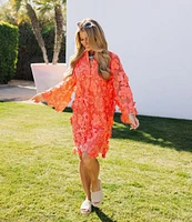 J.Marie Seraphina Floral 3D Lace Split Round Button Up Neck Long Sleeve Shift Dress