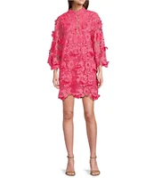 J.Marie Seraphina Floral 3D Lace Split Round Button Up Neck Long Sleeve Shift Dress