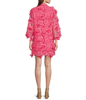 J.Marie Seraphina Floral 3D Lace Split Round Button Up Neck Long Sleeve Shift Dress