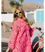 J.Marie Seraphina Floral 3D Lace Split Round Button Up Neck Long Sleeve Shift Dress