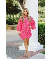 J.Marie Seraphina Floral 3D Lace Split Round Button Up Neck Long Sleeve Shift Dress