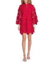 J.Marie Seraphina Floral 3D Lace Split Round Button Up Neck Long Sleeve Shift Dress