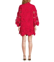 J.Marie Seraphina Floral 3D Lace Split Round Button Up Neck Long Sleeve Shift Dress