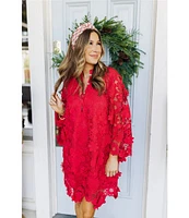 J.Marie Seraphina Floral 3D Lace Split Round Button Up Neck Long Sleeve Shift Dress