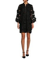 J.Marie Seraphina Floral 3D Lace Split Round Button Up Neck Long Sleeve Shift Dress