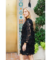 J.Marie Seraphina Floral 3D Lace Split Round Button Up Neck Long Sleeve Shift Dress