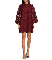 J.Marie Seraphina Floral 3D Lace Split Round Button Up Neck Long Sleeve Shift Dress