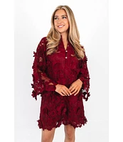 J.Marie Seraphina Floral 3D Lace Split Round Button Up Neck Long Sleeve Shift Dress