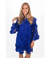 J.Marie Seraphina Floral 3D Lace Split Round Button Up Neck Long Sleeve Shift Dress