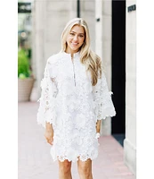 J.Marie Seraphina Floral 3D Lace Split Round Button Up Neck Long Sleeve Shift Dress