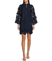 J.Marie Seraphina Floral 3D Lace Split Round Button Up Neck Long Sleeve Shift Dress