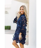 J.Marie Seraphina Floral 3D Lace Split Round Button Up Neck Long Sleeve Shift Dress