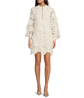 J.Marie Seraphina Floral 3D Lace Split Round Button Up Neck Long Sleeve Shift Dress