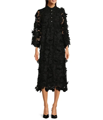 J.Marie Seraphina Floral Long Sleeve 3D Lace Mandarin Collar Midi Dress