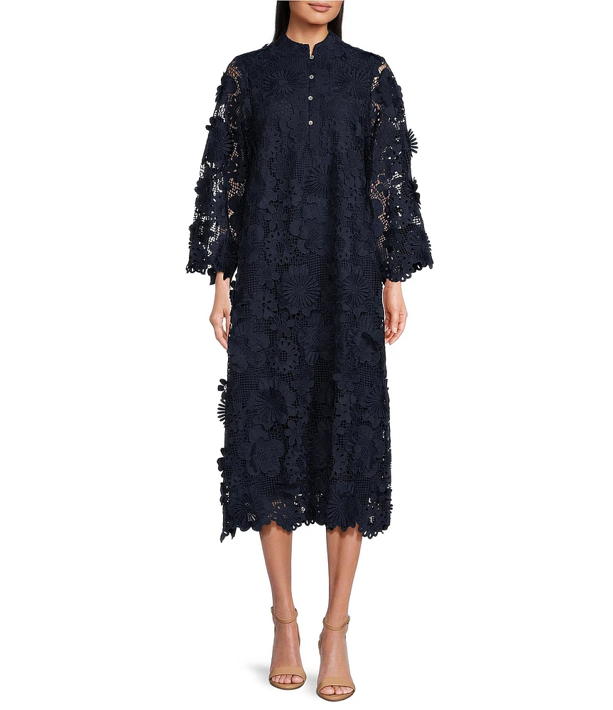 J.Marie Seraphina Floral Long Sleeve 3D Lace Mandarin Collar Midi Dress