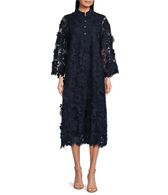 J.Marie Seraphina Floral Long Sleeve 3D Lace Mandarin Collar Midi Dress