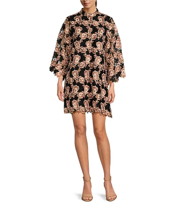 J.Marie Talia Floral Lace Mandarin Collar Bell Mid Sleeve Shift Above the Knee Dress