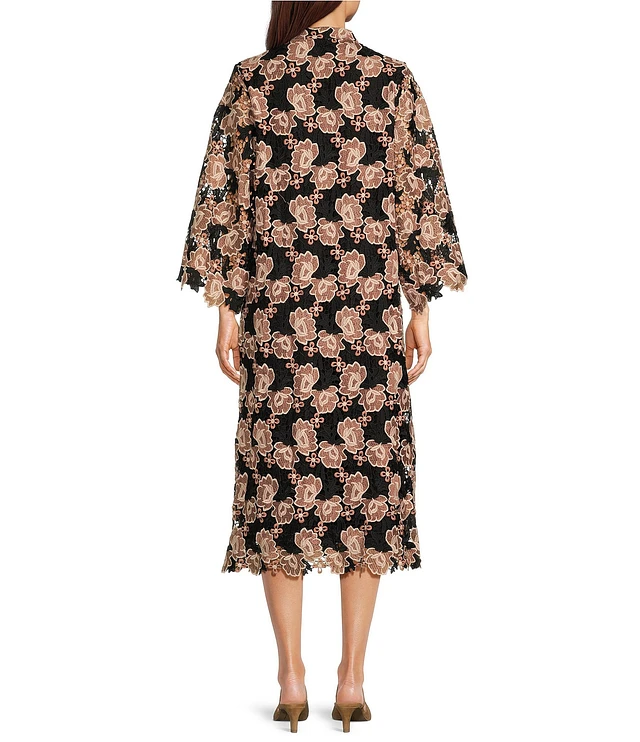 J.Marie Talia Floral Lace Mandarin Collar Long Bell Sleeve Shift Midi Dress  | Liberty Center