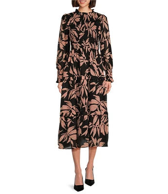 J.Marie Talia Woven Leaf Print Ruched Mock Neck Long Puff Sleeve Midi A-Line Dress