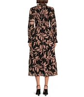 J.Marie Talia Woven Leaf Print Ruched Mock Neck Long Puff Sleeve Midi A-Line Dress