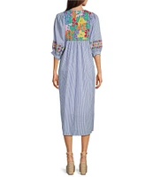J.Marie Tristen Embroidered Side Slit Striped Pullover Midi Dress